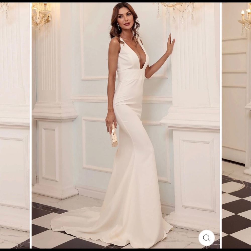 WHITE DOUBLE DEEP V-NECK MERMAID HEM PROM DRESS GOWN BRIDAL WEDDING